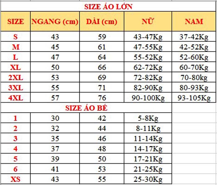 bảng size in áo thun theo yêu cầu